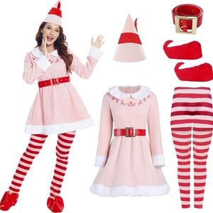 Festive Pink and Red Elf Costume Set for Women